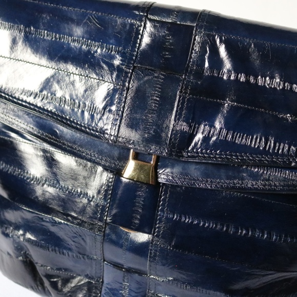 Vintage Genuine Eel Skin Leather Shoulder Crossbody Bag Purse Navy Blue 80s - Picture 3 of 11